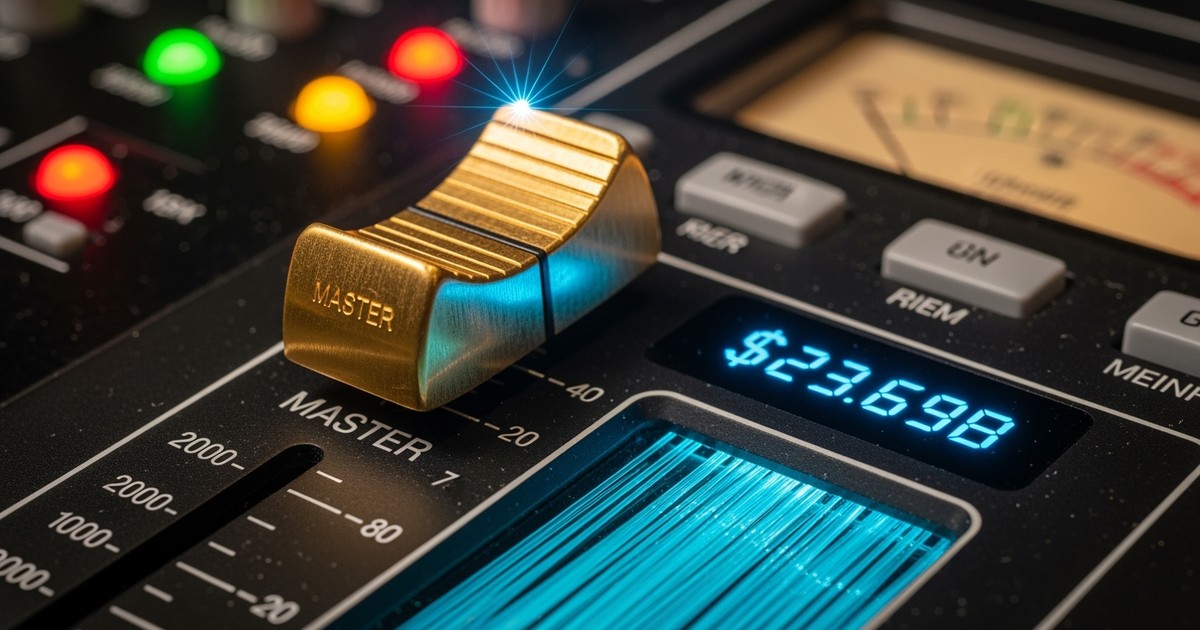 A macro close-up of a mixing console fader made of solid gold pushed to the maximum level, next to a glowing scale reading $23.69B.