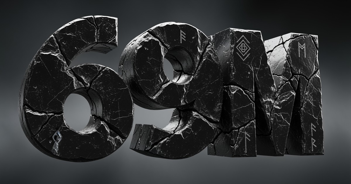 A surreal, cinematic 3D illustration of the number 69M carved from cracked black obsidian stone, floating in a dark misty void, surrounded by shattering vinyl record fragments and glowing teal energy beams.
