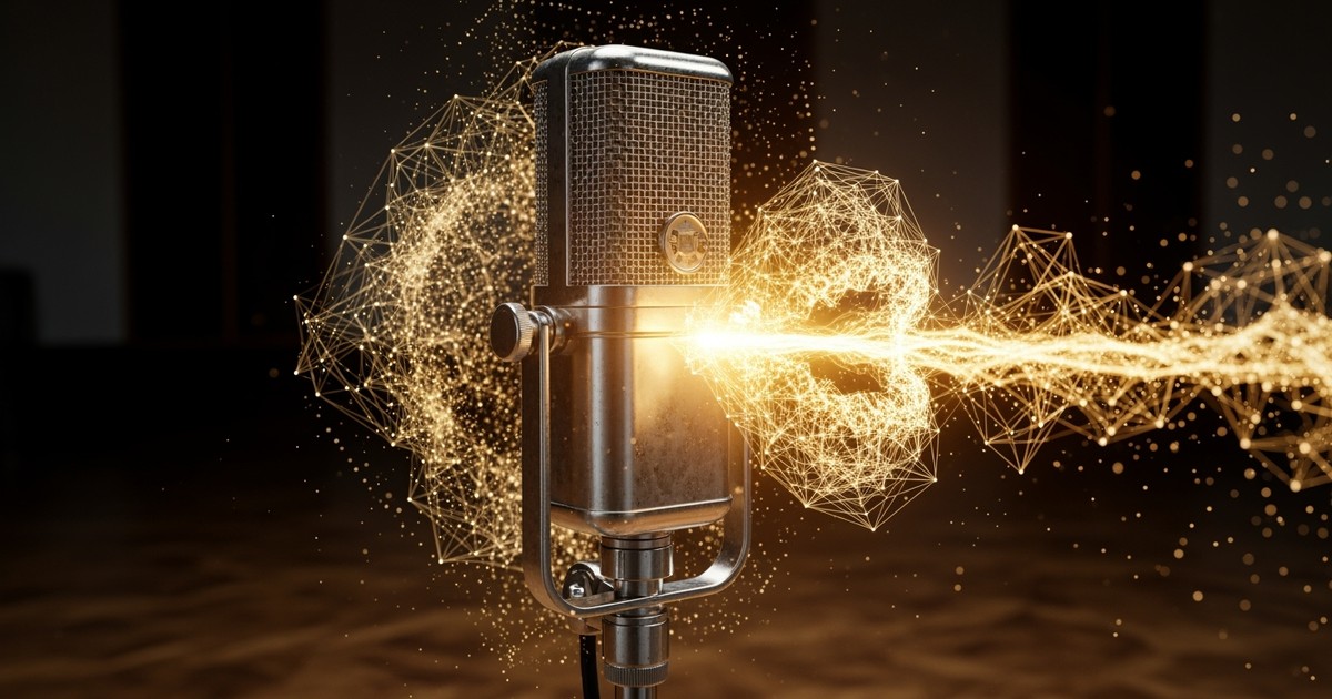 A vintage studio microphone illuminated by a swirling vortex of golden digital data particles, with a traditional Brazilian cavaquinho instrument resting on a stool in the dim background.