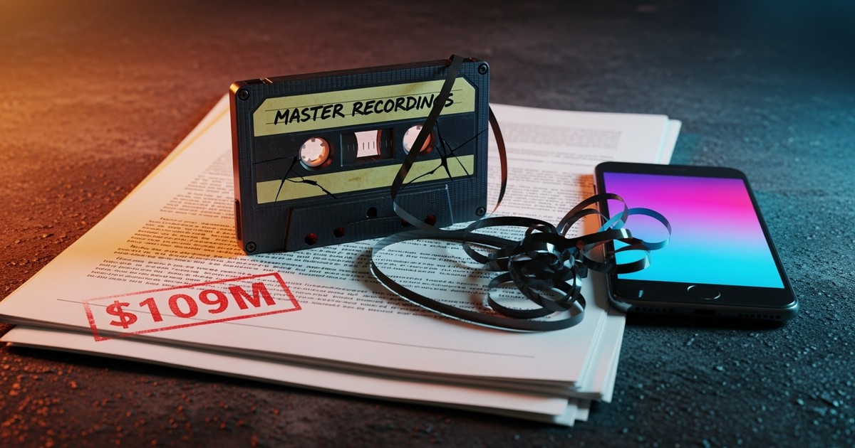 A dramatic still life photo of a broken cassette tape tangled with legal documents stamped $109M, illuminated by the cold blue glow of a smartphone screen.