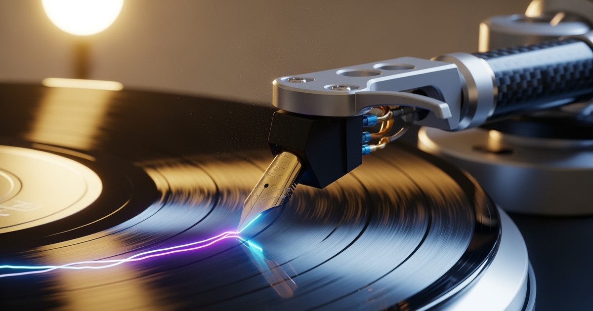 A surreal, high-end close-up of a turntable tone arm ending in a gold fountain pen nib, writing glowing light into the grooves of a spinning black vinyl record, symbolizing language-driven music discovery.