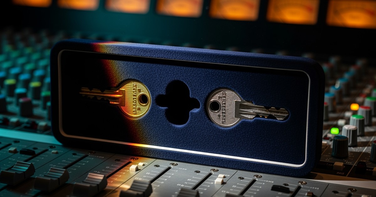 Close-up of a velvet-lined presentation case on a mixing console containing two gold keys and one conspicuous empty slot.