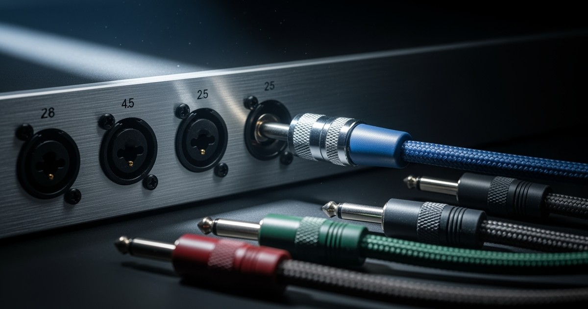 A close-up of an audio patch bay with only one cable plugged in while others lie disconnected in the foreground, symbolizing subscription consolidation.