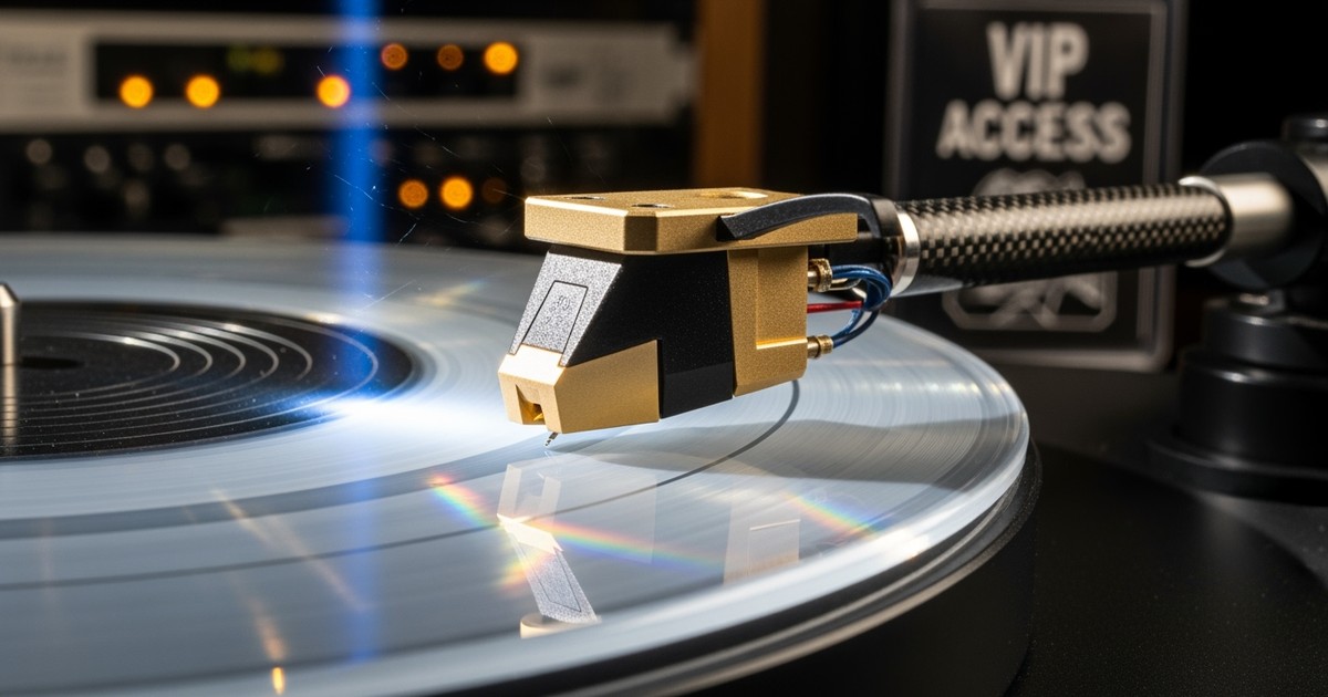 Macro photograph of a gold-plated turntable needle resting on a transparent crystal record, creating prismatic light reflections, symbolizing high-fidelity lossless audio.