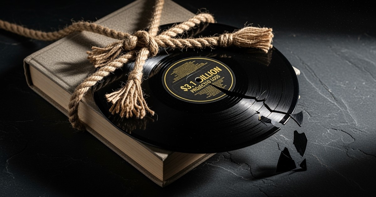 Dramatic still-life photograph of a vinyl record being crushed and cracked by a thick rope tying it to a heavy book, symbolizing the financial damage of streaming bundles.