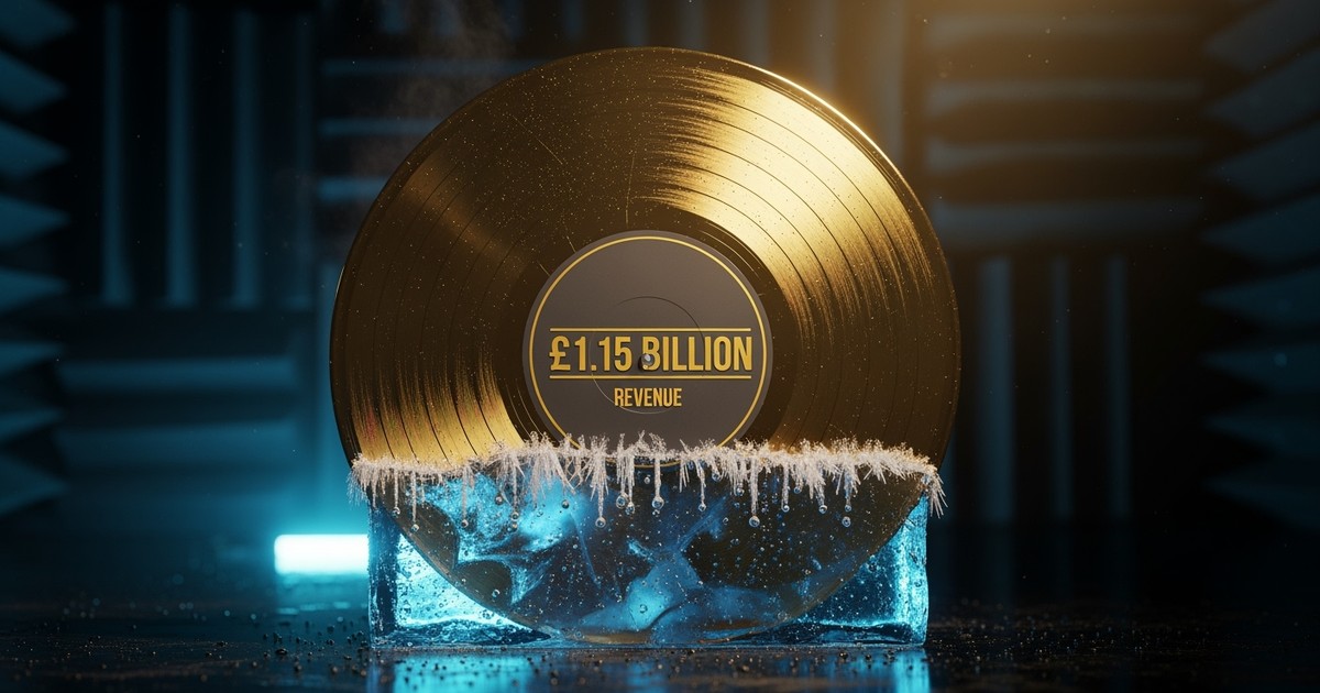 A hyper-realistic editorial image of a gold vinyl record partially encased in jagged blue ice, with a label reading '£1.15 BILLION', symbolizing cooling financial growth.