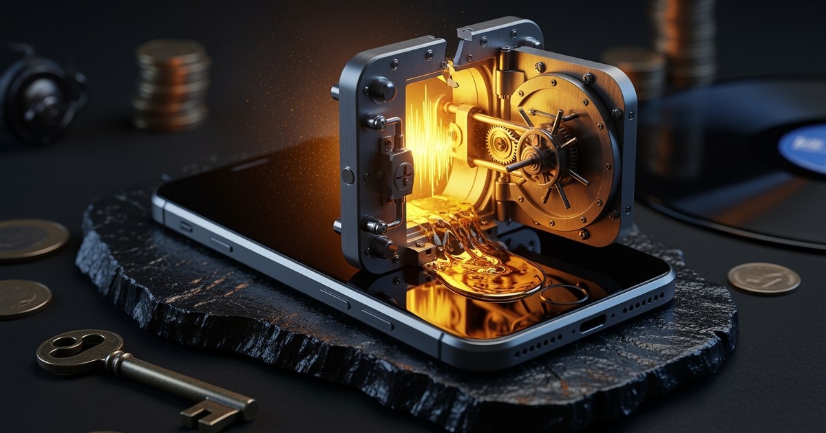 Conceptual editorial photo of a smartphone lying flat, its screen transformed into an open bank vault door releasing a glowing stream of golden sound waves.