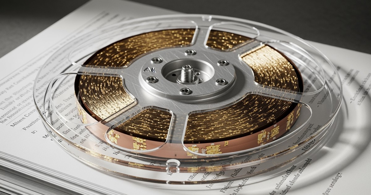 A conceptual editorial photo of a futuristic glass-and-copper audio tape reel resting on a legal contract labeled EQUITY STAKE, with a dusty judge's gavel pushed into the shadows behind it.