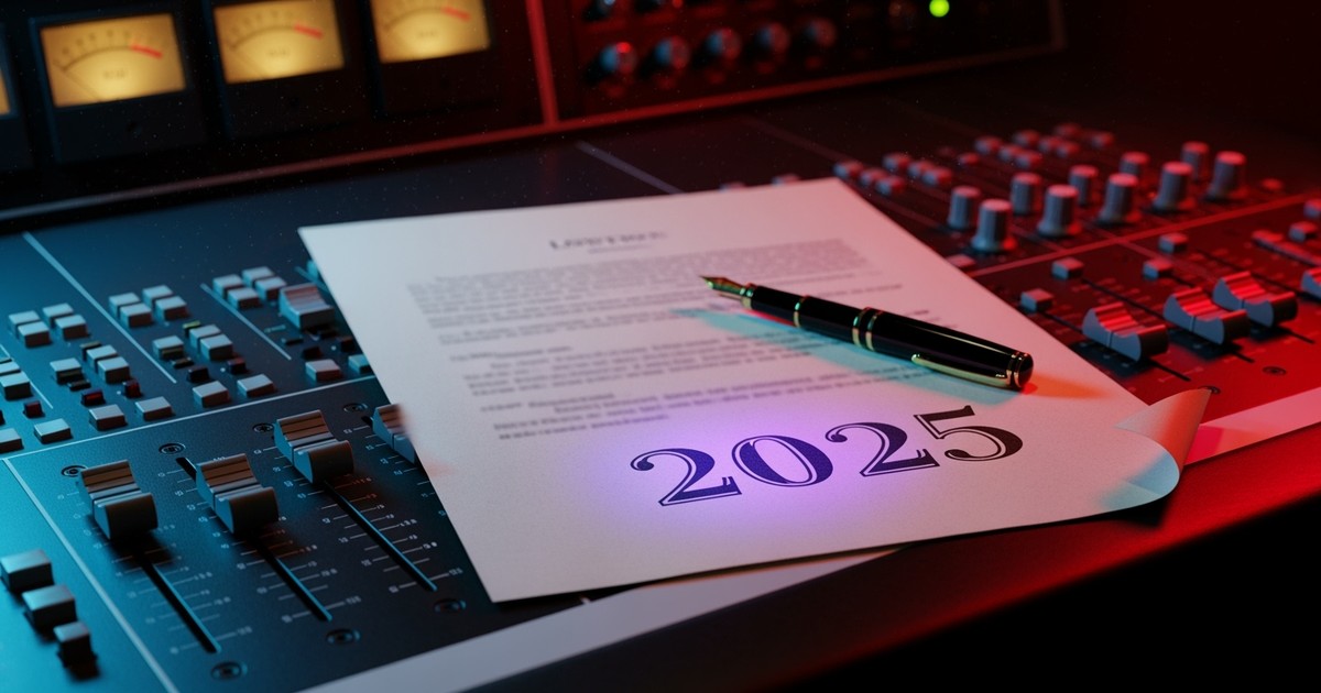 Close-up of a legal contract stamped '2025' resting on a recording studio mixing console, illuminated by clashing red and blue lights representing conflicting corporate divisions.