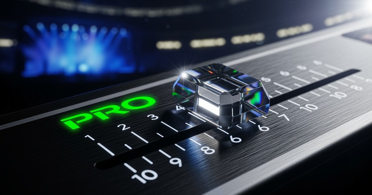 Macro close-up of a futuristic, crystal audio mixing fader pushed to a glowing green setting labeled 'PRO', set against a dark, premium brushed metal surface with concert lighting bokeh.
