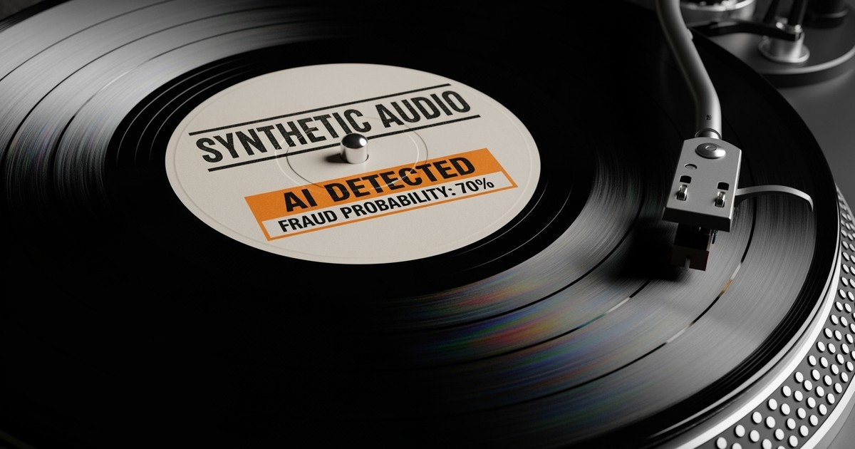 Close-up of a vinyl record on a turntable with a stark red and white industrial warning label reading 'SYNTHETIC AUDIO DETECTED' and '70% FRAUD RISK'.