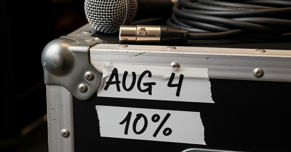 Close-up macro photograph of a black music equipment road case with white gaffer tape labels reading '10%' and 'AUG 4', set in a moody, hazy backstage environment with dramatic lighting.