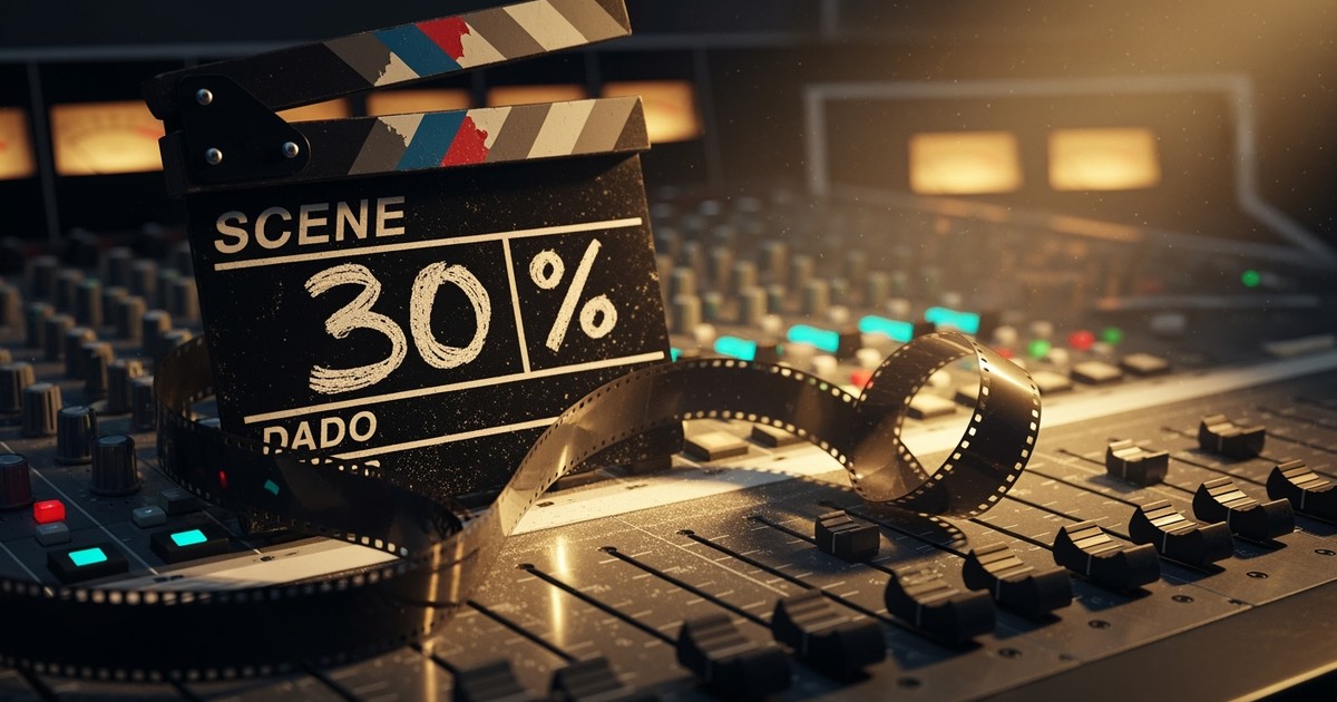 Cinematic close-up of a weathered film clapperboard resting on an illuminated audio mixing console, with '30%' written in cha