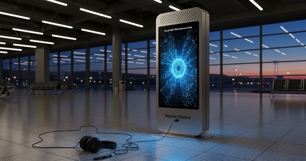 A sleek, futuristic brushed-metal AI kiosk stands in a sterile, empty airport terminal at night, glowing with cold blue light