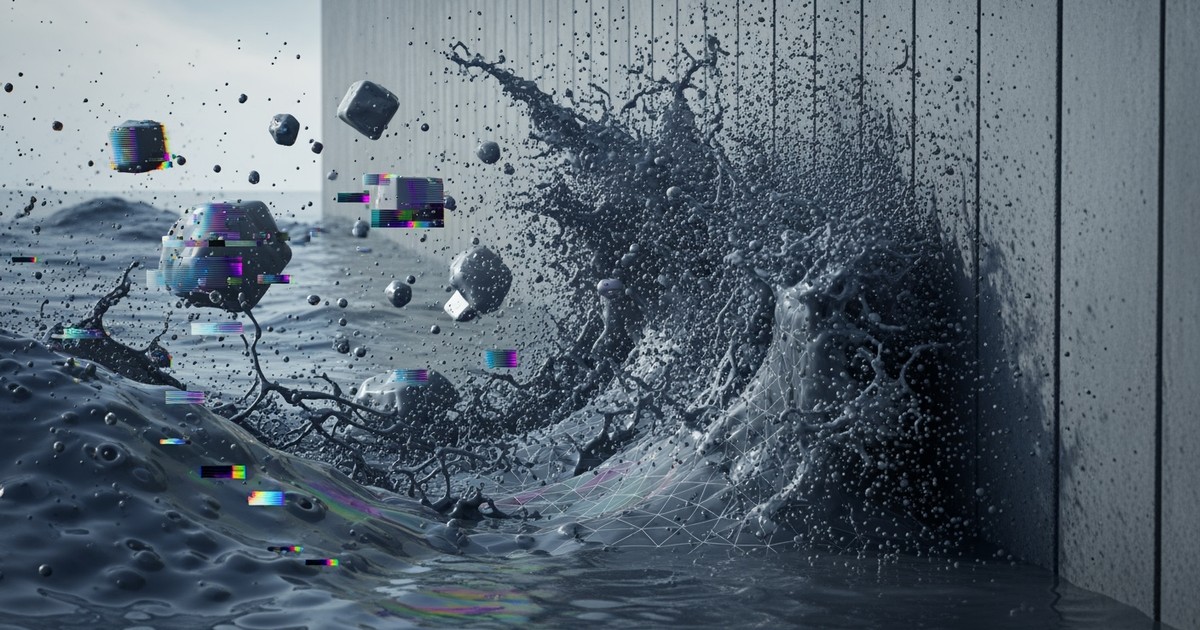 A conceptual editorial image showing a massive, fortress-like sea wall constructed of gold records and analog master tapes, s