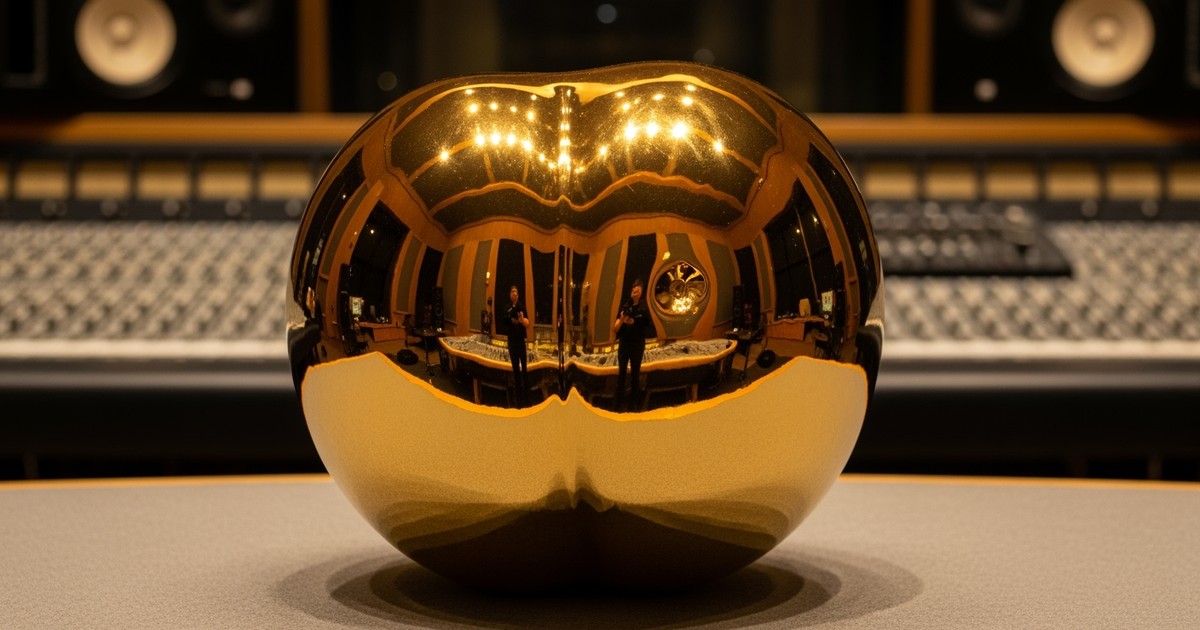 A hyper-realistic close-up of a solid gold peach resting on a high-tech recording studio mixing console, illuminated by drama