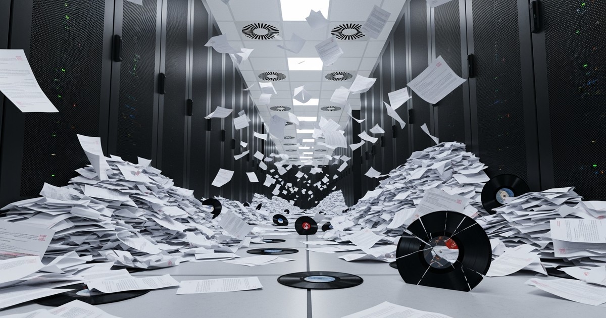 Cinematic editorial photograph of a high-tech server room aisle completely flooded with thousands of white paper documents, s