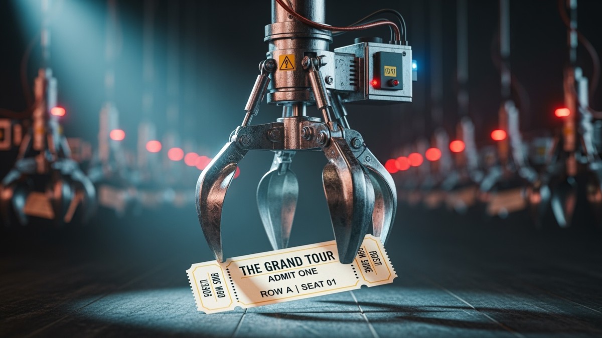 A cinematic, moody editorial photograph of a menacing, industrial robotic claw descending to snatch a solitary concert ticket illuminated by a spotlight. Rows of identical mechanical claws holding tickets fade endlessly into the hazy background. (16:9)