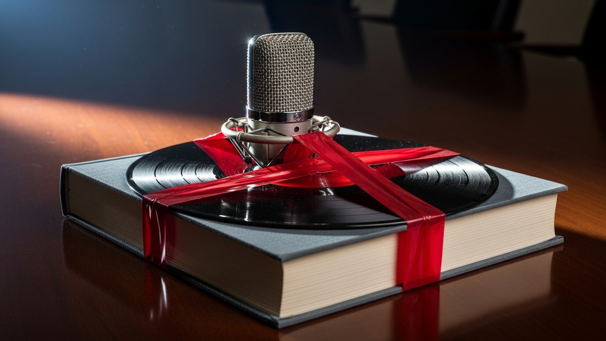A high-stakes editorial still life featuring a vintage silver microphone and vinyl record tightly bound to a grey hardcover book by restrictive red tape, sitting on a dark polished mahogany desk. (16:9)