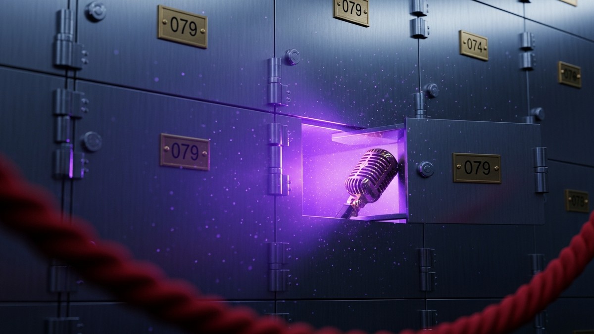 A cinematic close-up of a brushed steel safety deposit box numbered 079 slightly ajar, emitting a brilliant violet glow that illuminates a gold microphone inside, set in a dark, high-security bank vault. (16:9)
