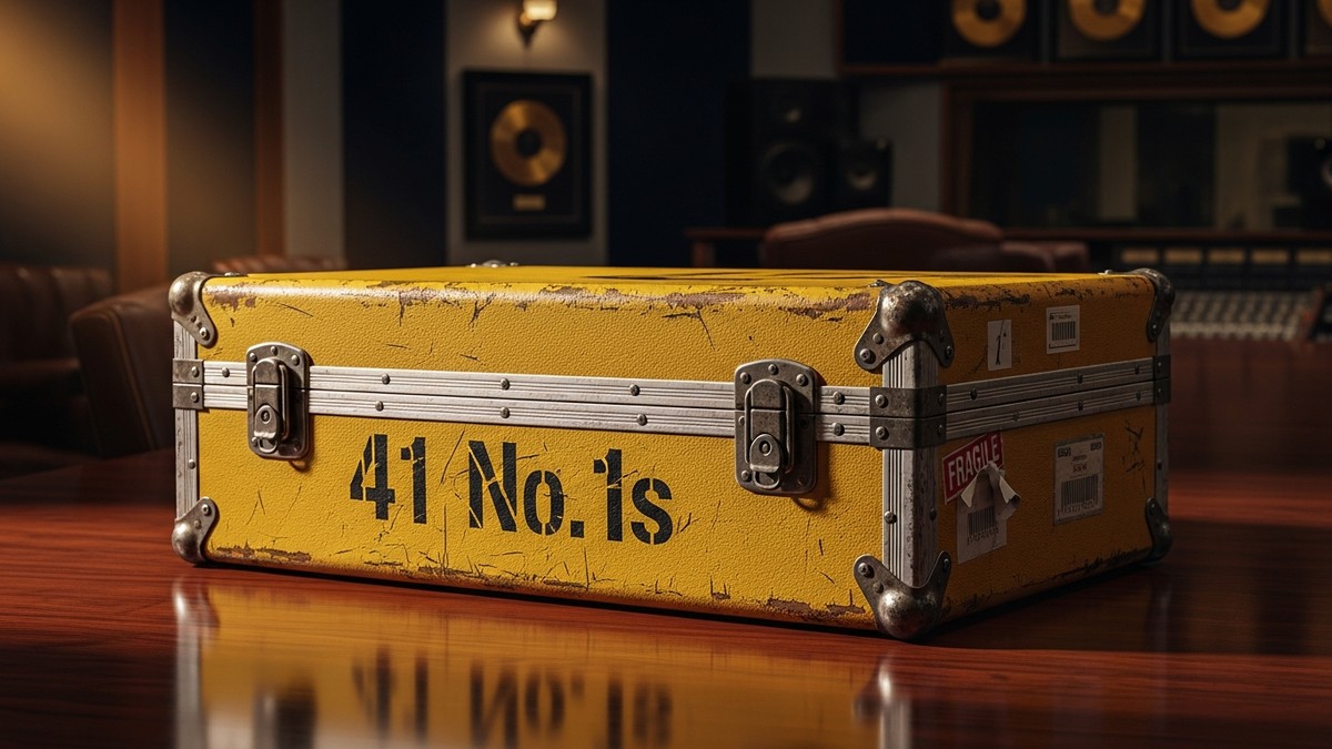 A battered, vibrant yellow equipment flight case sits on a polished mahogany boardroom table, stenciled with '41 No. 1s' in black spray paint, contrasting indie history with corporate luxury. (16:9)