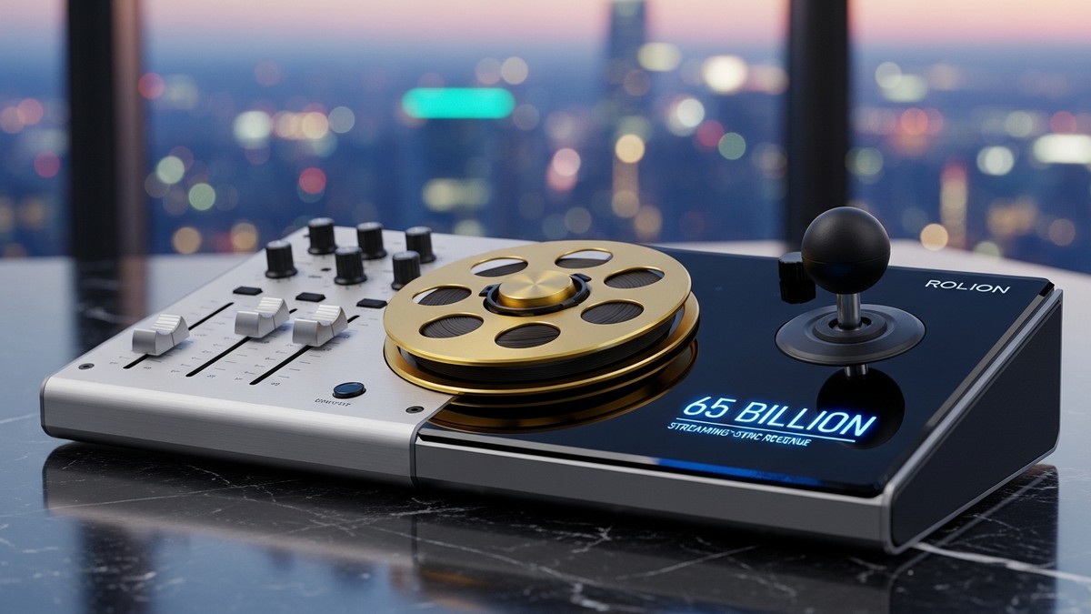 Close-up of a high-tech media command console blending a film reel dial, music mixing fader, and gaming joystick, with a screen displaying '65 BILLION' against a twilight city backdrop. (16:9)