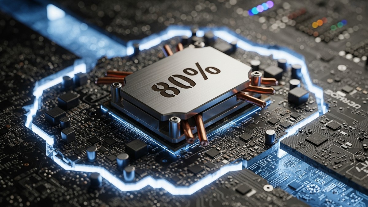 Macro photograph of a severed computer circuit board resembling a landscape, with a glowing isolated section labeled 80% separated by a deep trench from the surrounding dark hardware. (16:9)