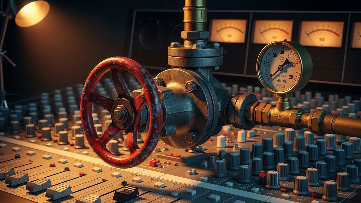 A hyper-realistic close-up of a vintage recording console where the master fader section has been replaced by a heavy industrial red iron valve wheel and brass piping, symbolizing the flow of capital into music. (16:9)
