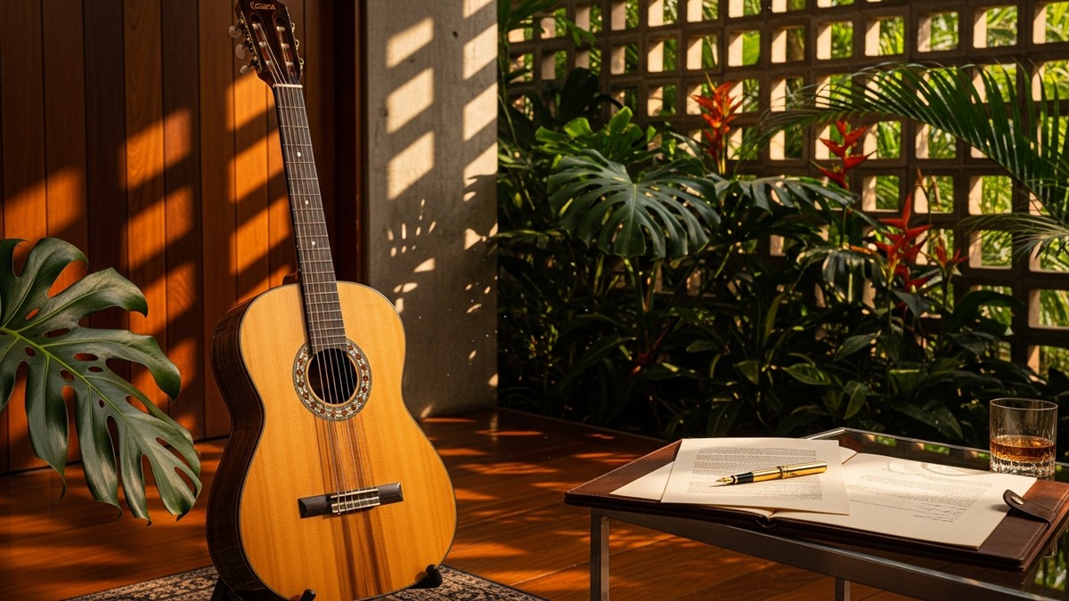 A vintage nylon-string guitar resting in a sunlit Brazilian modernist room with cobogó brick shadows, tropical plants, and a leather business portfolio. (16:9)