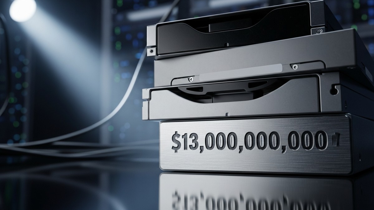 Cinematic macro photograph of an industrial hard drive with '$13 TRILLION' deeply stamped into its brushed aluminum metal casing, surrounded by tangled data cables in a dark server room. (16:9)