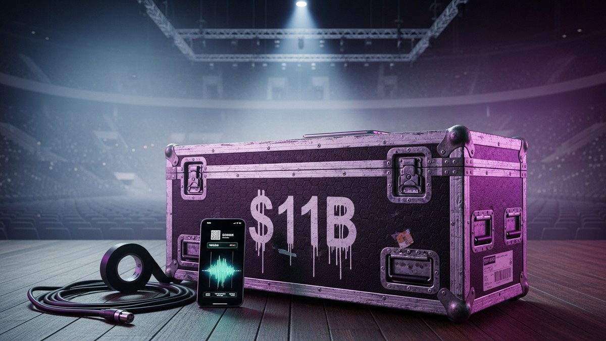 Cinematic close-up of a touring flight case on a stage with '$11B' stenciled on the side, topped with a glowing smartphone displaying a ticket, set against a hazy empty arena background. (16:9)