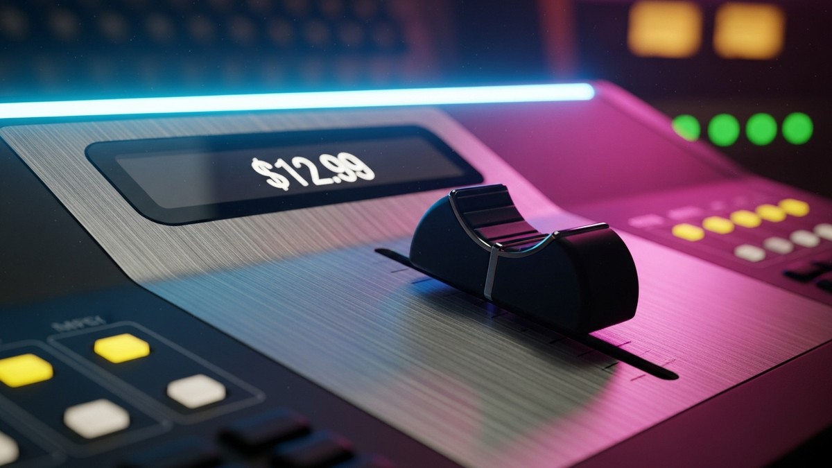 Macro photograph of a sleek aluminum audio mixing console fader with a digital display reading $12.99, glowing with cyan and magenta AI-inspired lighting in a dark studio. (16:9)