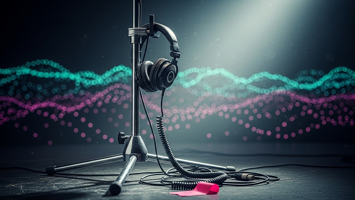 Cinematic close-up of a microphone stand on a dark stage with studio headphones hanging from it, set against a backdrop of infinite digital lights. (16:9)