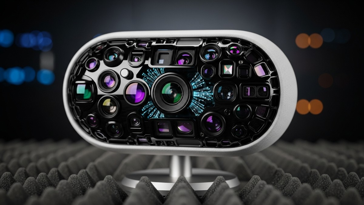 Close-up of a conceptual high-tech microphone where the mesh grille is replaced by a complex array of optical camera lenses and biometric sensors, glowing with faint blue data light. (16:9)