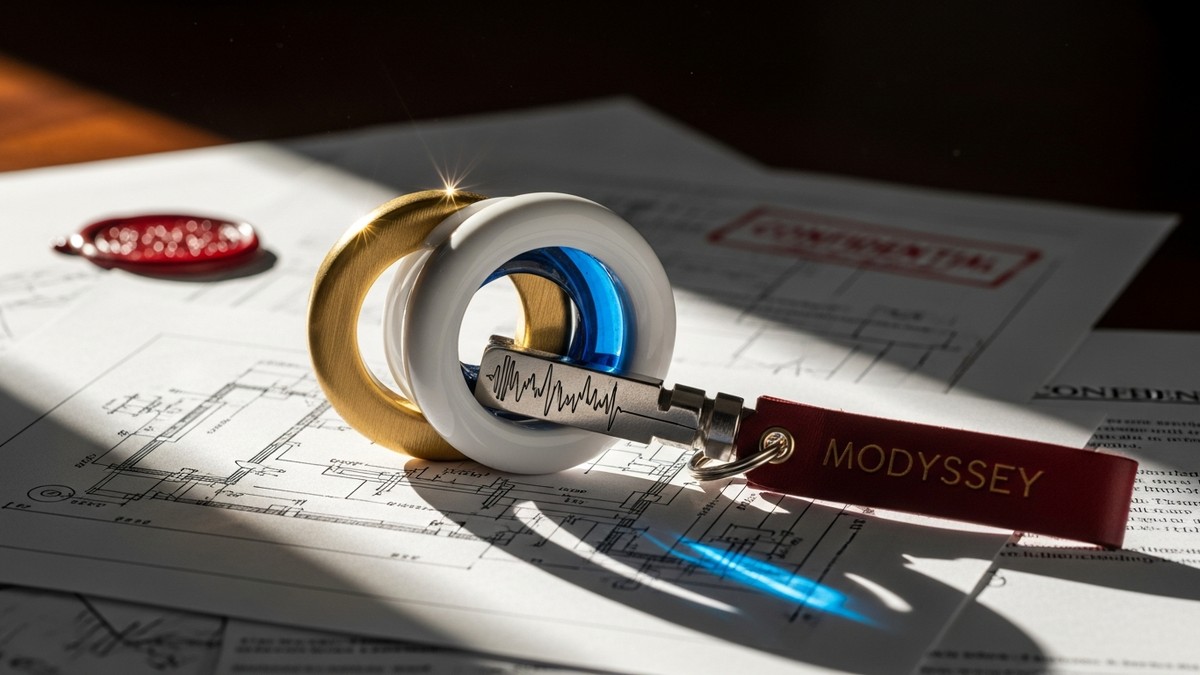 A hyper-realistic close-up of a luxurious, tripartite skeleton key resting on architectural blueprints, symbolizing a strategic business alliance. (16:9)