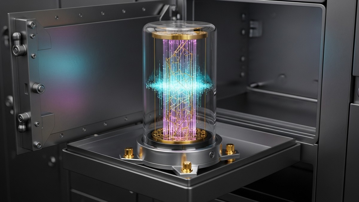 A hyper-realistic editorial close-up of a futuristic, glass-encased microphone stored inside a high-security bank vault deposit box, representing music assets. (16:9)