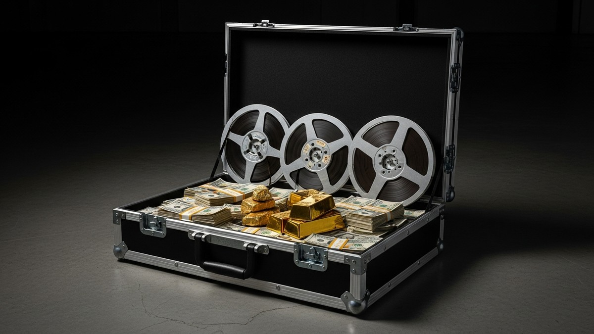Cinematic still life of an open music touring road case filled with stacks of cash, gold bars, and silver master tape reels, illuminated by intense red and cool blue split lighting. (16:9)