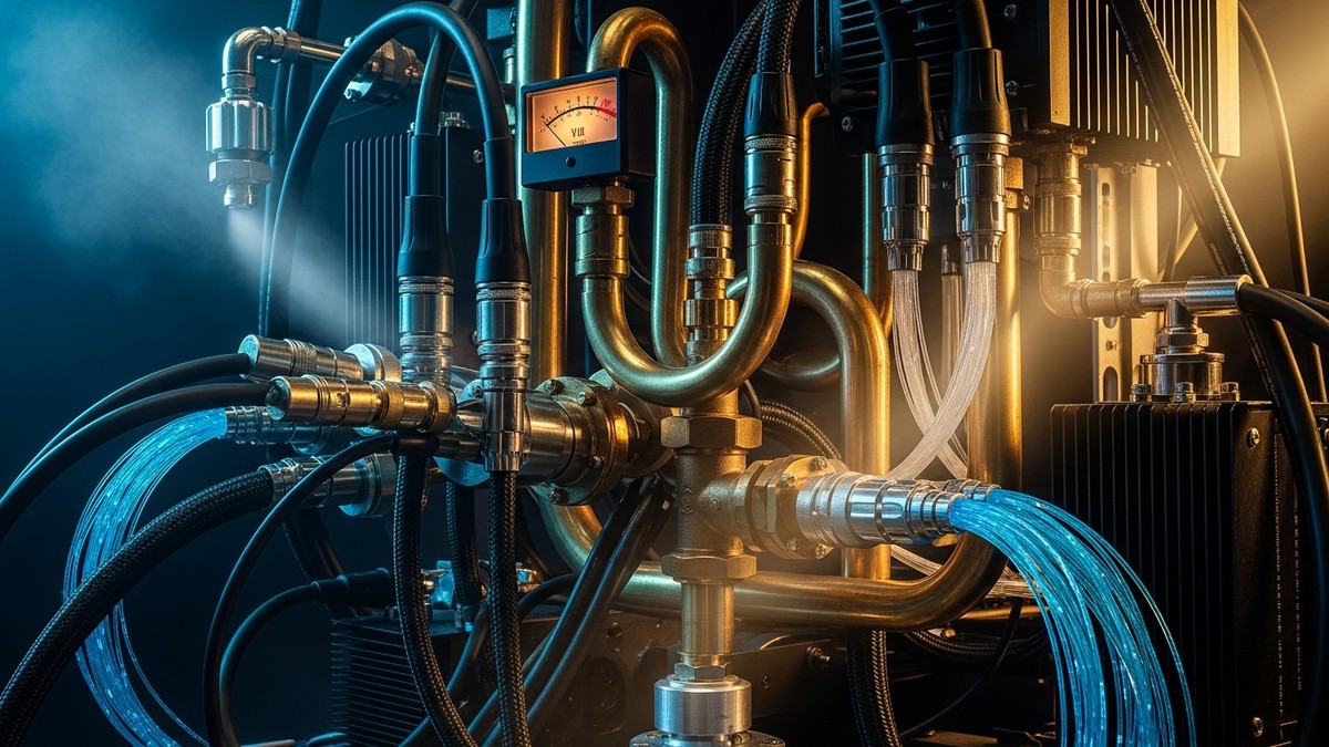 A hyper-realistic conceptual image of complex industrial machinery composed of brass musical instrument parts, heavy audio cables, and glowing server rack components, representing the 'plumbing' of the music industry. (16:9)