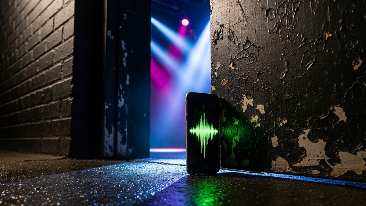 A sleek smartphone wedges open a heavy industrial steel stage door, allowing brilliant beams of blue and purple concert lighting to spill out onto wet concrete. (16:9)
