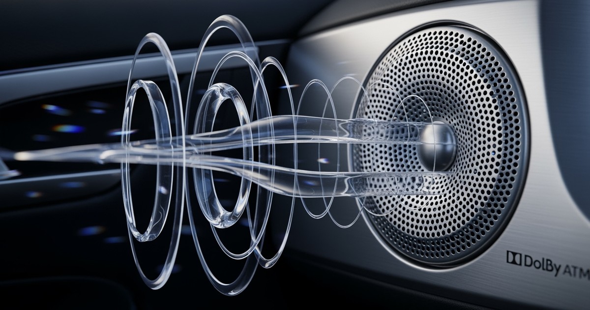 Close-up macro photography of a high-end brushed metal speaker grille in a luxury vehicle interior, with abstract, translucen