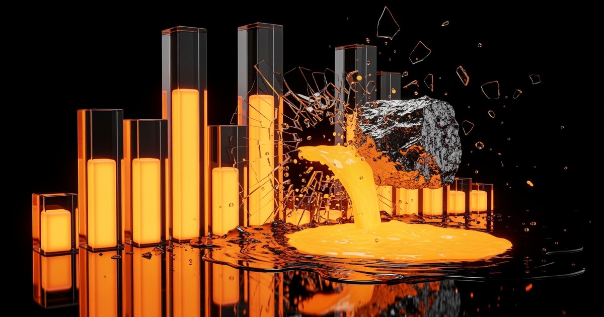 Conceptual editorial image of a shattered glass sound wave sculpture leaking glowing orange fluid, symbolizing the SoundCloud