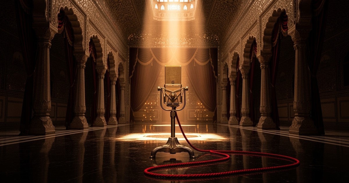 A cinematic editorial image showing a vintage gold microphone standing in the center of a grand, opulent Indian palace hall, 