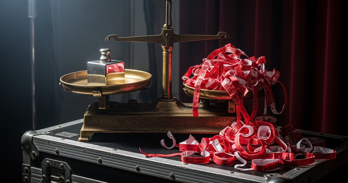 Cinematic close-up of an antique brass balance scale resting on a black music touring road case. The scale is tipped heavily 