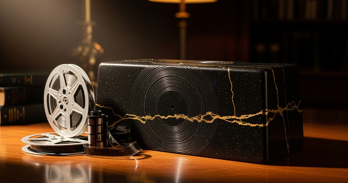 A dramatic macro still life showing a massive, black obsidian ingot with vinyl record grooves towering over a small, vintage 
