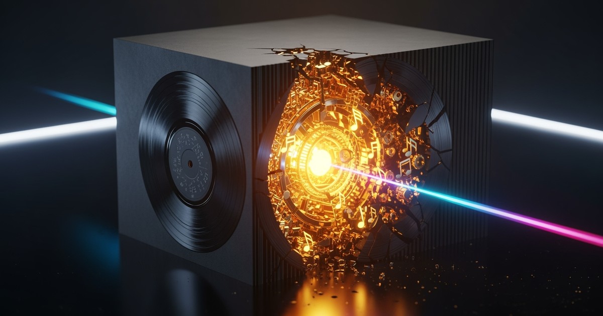 A close-up, cinematic concept art image of a matte black cube made of compressed vinyl records being sliced open by a beam of