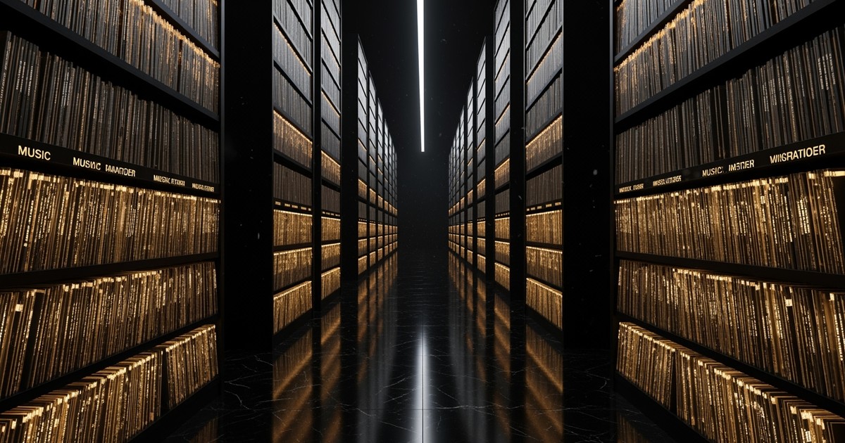 A colossal, infinite archive of glowing vinyl records going dark. The lights on the data shelves are extinguishing into a dee