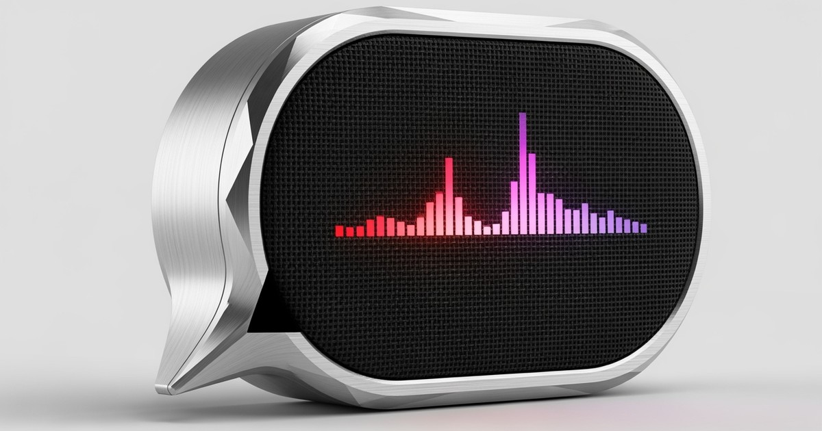 A hyper-realistic conceptual still life of a speech bubble shaped like a high-end aluminum speaker with a glowing red wavefor