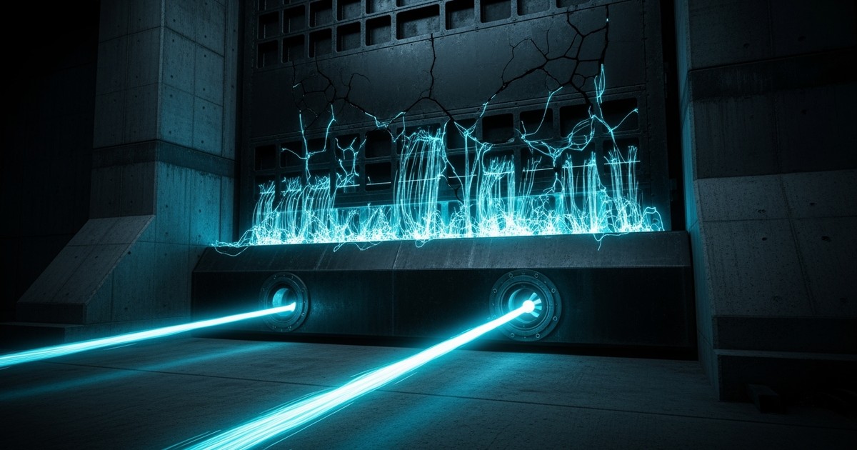 A conceptual editorial image featuring a massive, heavy steel industrial sluice gate slammed shut on a concrete floor. Behind