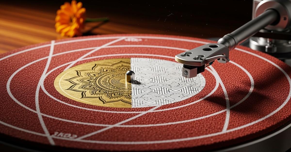 A hyper-realistic macro shot of a conceptual turntable where the vinyl record is replaced by a textured red running track, be