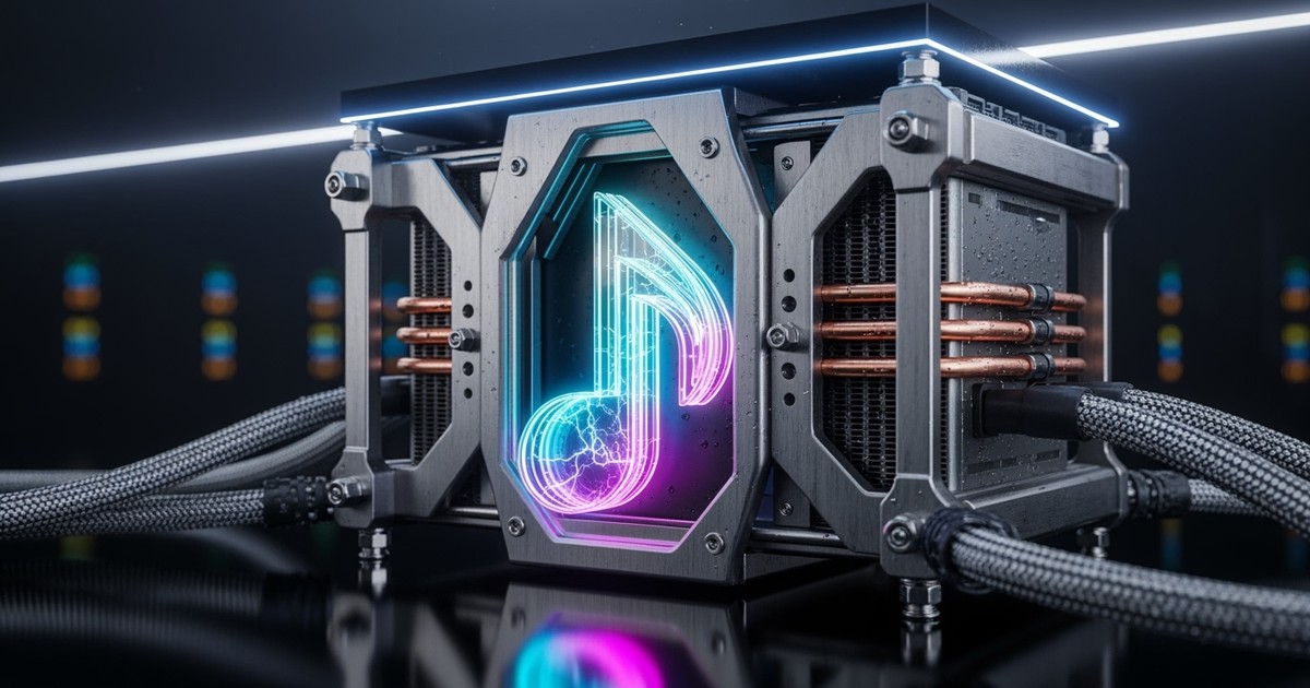 A cinematic close-up of a glowing cyan and magenta musical note logo encased within a heavy-duty, industrial steel and copper